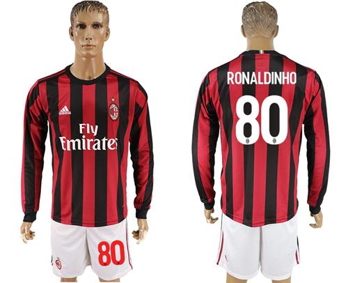 AC Milan #80 Ronaldinho Home Long Sleeves Soccer Club Jersey - Click Image to Close